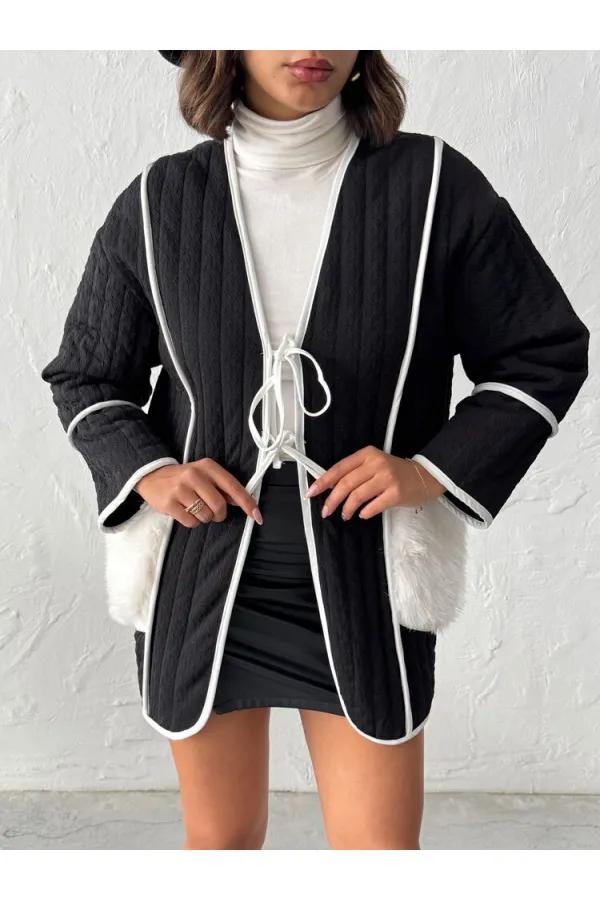 Topshow - Toptan Peluş Cep Detaylı Kapitone Ceket - Siyah