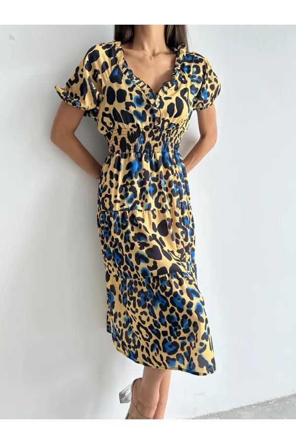 Topshow Leopard Saxe Patterned Long Wholesale Dress
