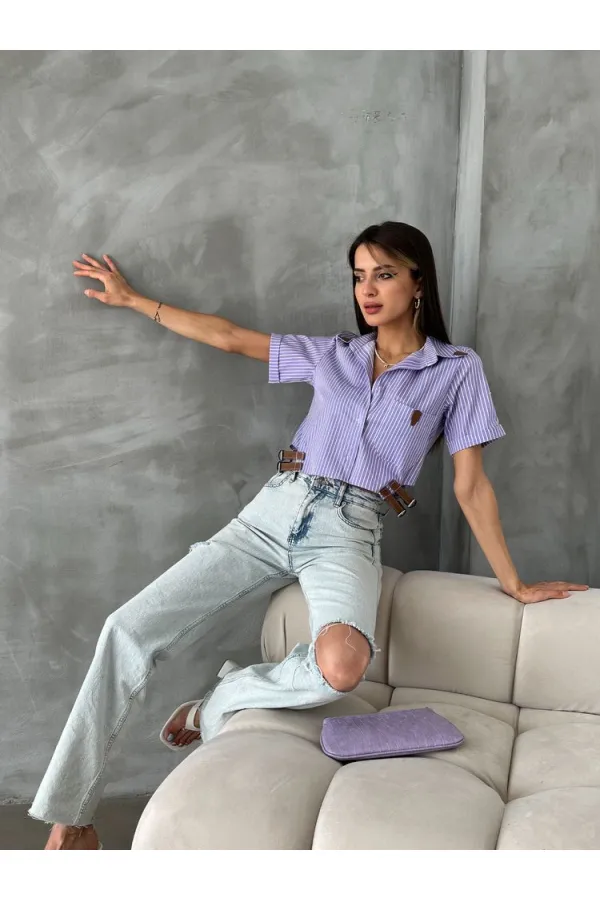Topshow Lilac Striped Belt Detailed Striped Wholesale Shirt