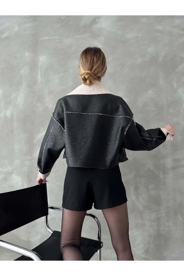 Nubuk Yakası Kürklü Toptan Mont - Siyah | TOPSHOW | F1577