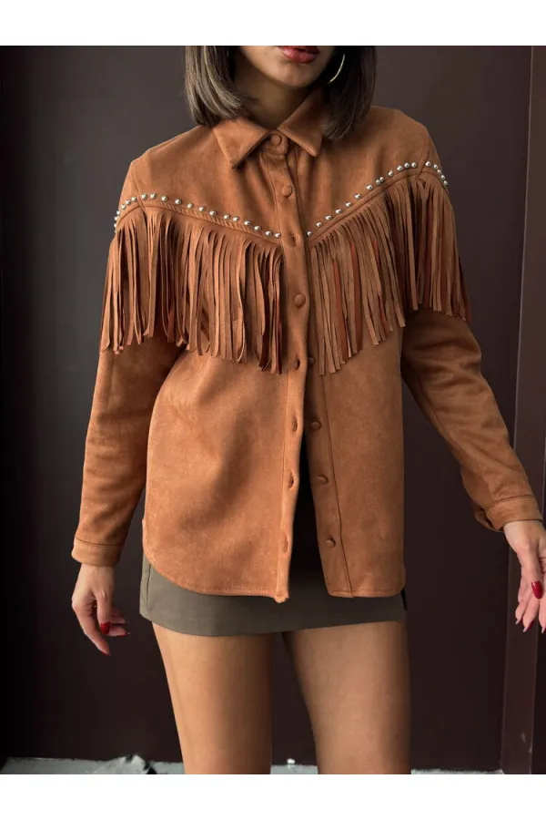 Chemise Topshow à franges en daim scuba - Beige | F2029