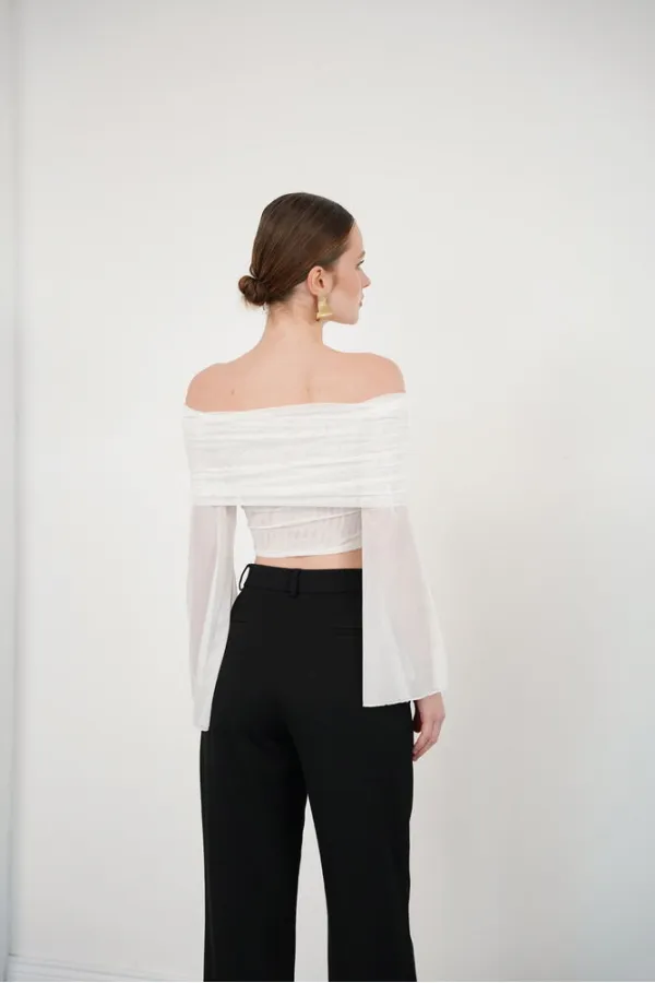 Long Sleeve Tulle Wholesale Blouse - Cream | D2977 - Topshow