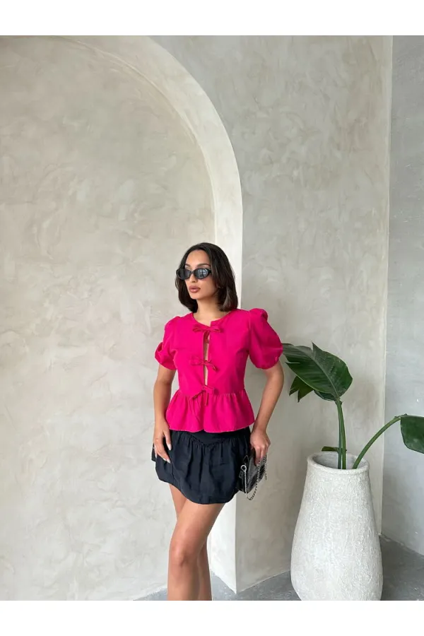 Topshow Fuşya Önden Bağlamalı Poplin Toptan Bluz