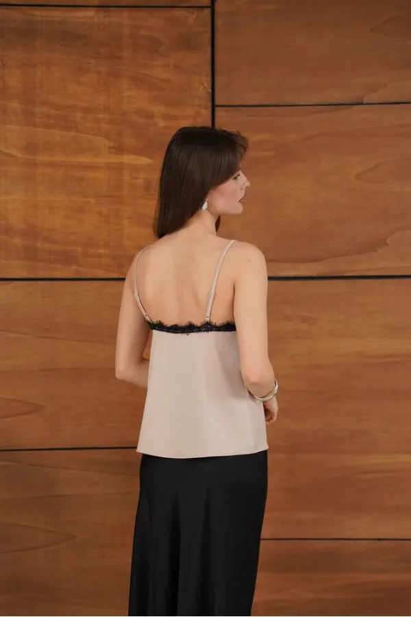 D 2929 LACE DETAIL SATIN TANK TOP - STONE