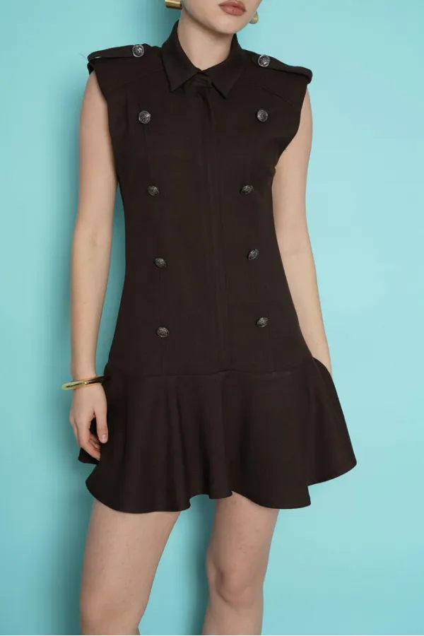 Sleeveless Mini Wholesale Dress with Shoulder Epaulets - Brown | D2974 - Topshow