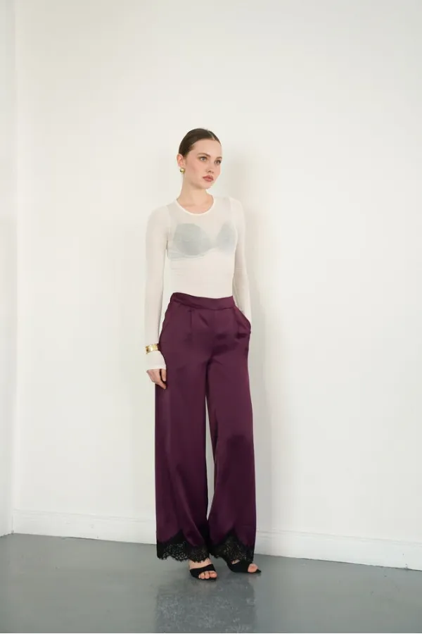 Wholesale Satin Trousers with Lace Hem - Plum | D2969 - Topshow