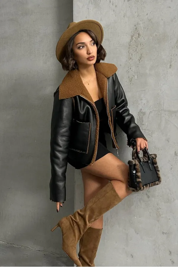 Manteau zippé en cuir Amine - Noir et marron | TOPSHOW | F1511