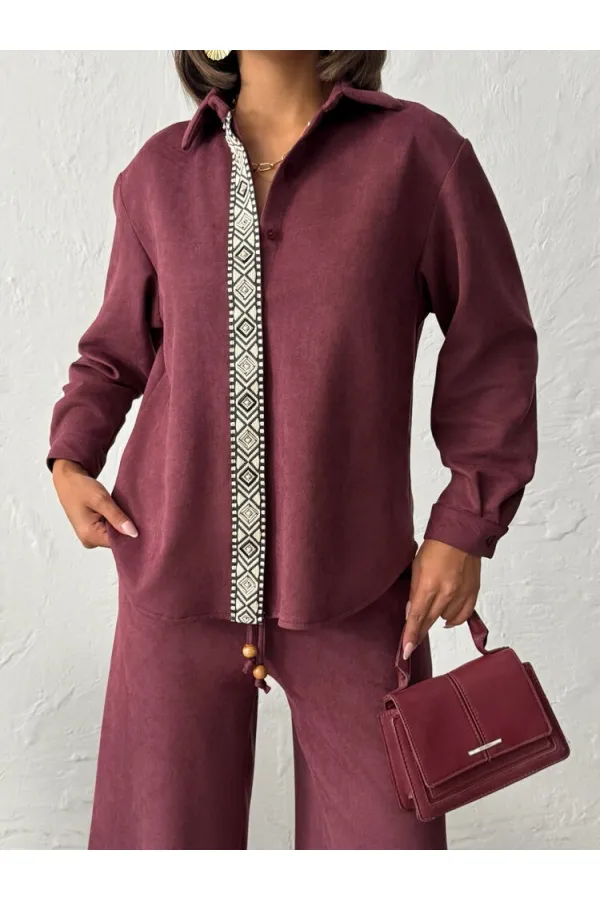 Topshow Stripe Detailed Scuba Suede Shirt - Claret Red | F1973