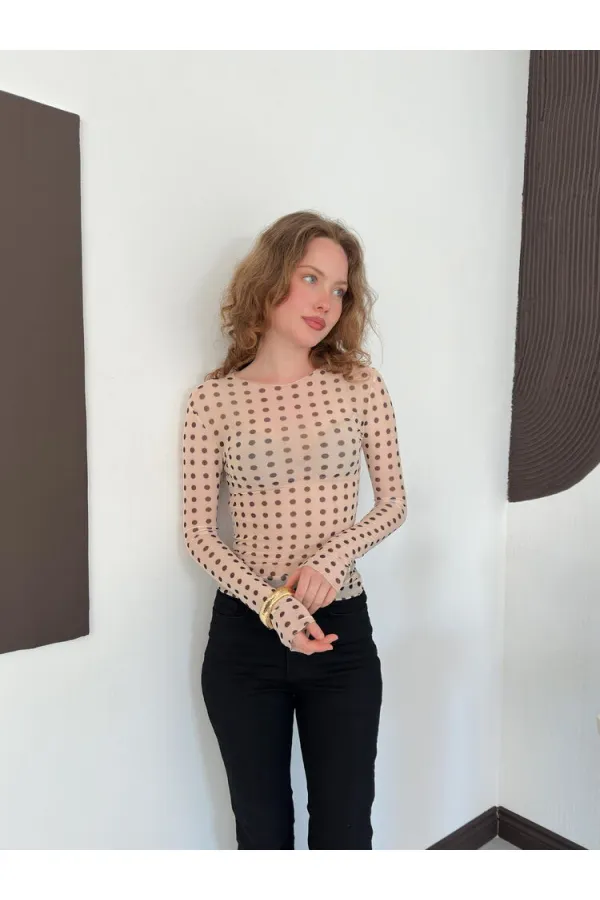 F 2107 POLKA DOT PRINTED TULLE T-SHIRT - BEIGE BROWN F 2107 POLKA DOT PRINTED TULLE T-SHIRT - BEIGE BROWN