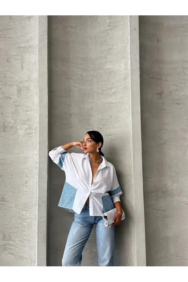 Sequined Denim Detailed Wholesale Shirt - Blue Dsn1 | TOPSHOW | F1725