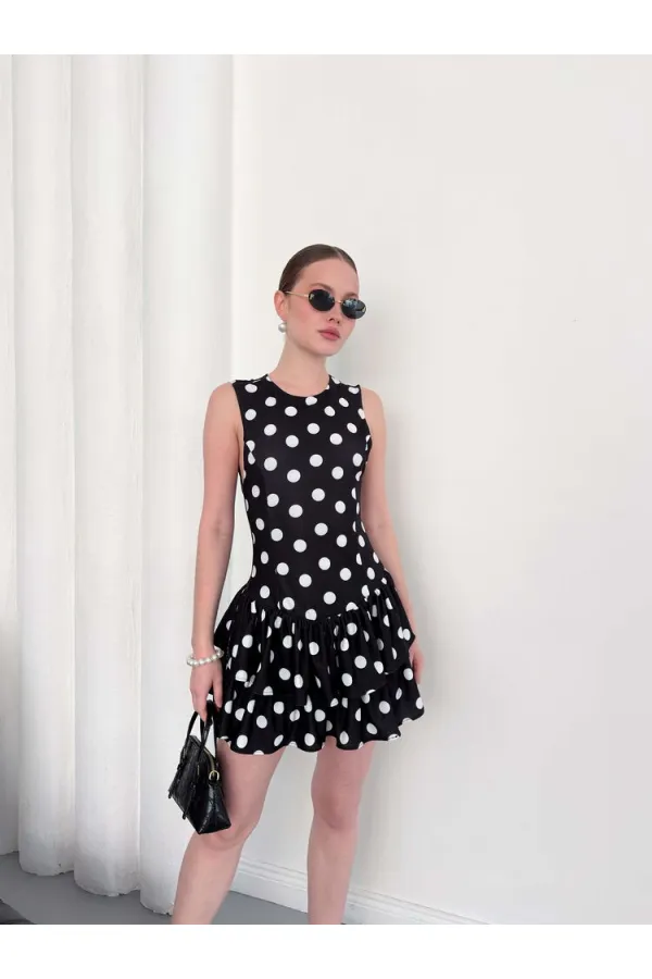 D 2946 POLKA DOT SLEEVELESS DRESS - BLACK