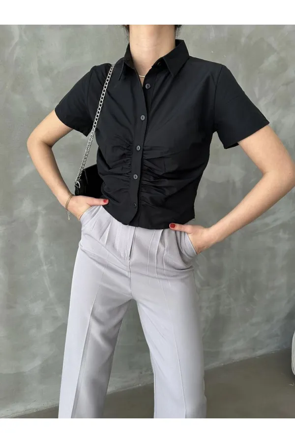 Topshow Black Gipel Front Gathered Wholesale Blouse