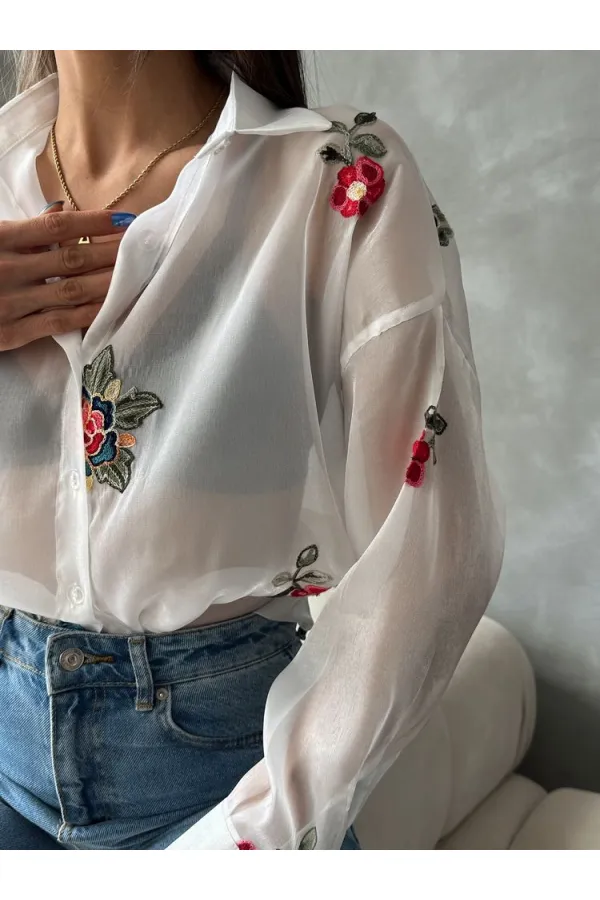 Embroidered Organza Wholesale Shirt - Stone | TOPSHOW | F1690