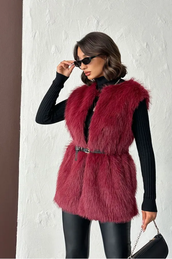 Topshow - Toptan Suni Kürk Yelek - Bordo