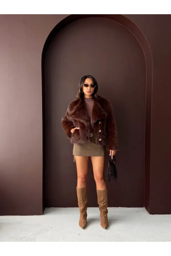 Topshow - Toptan Tavşan Tüyü Dügmeli Kaban - Koyu Kahve