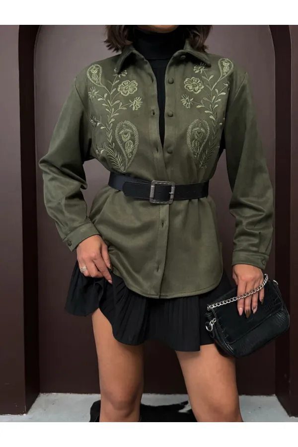 Topshow Nakışlı Scuba Süet Gömlek - Haki | F2024