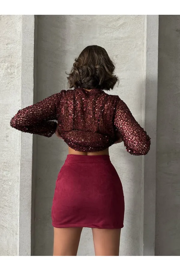 Topshow Bordo Suet Yırtmaclı Toptan Etek | F1573