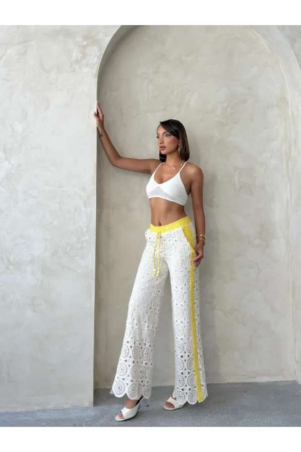 Kot Detaylı Dantel Pantolon - Sarı | Topshow | F1759