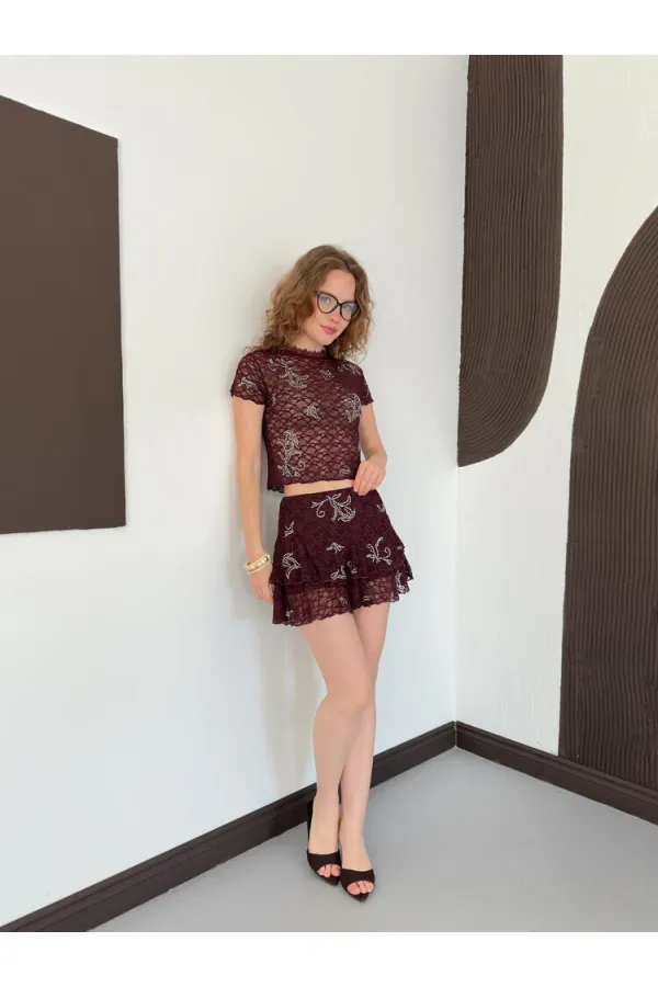 D 2996 EMBELLISHED LACE SKIRT - BROWN D 2996 EMBELLISHED LACE SKIRT - BROWN