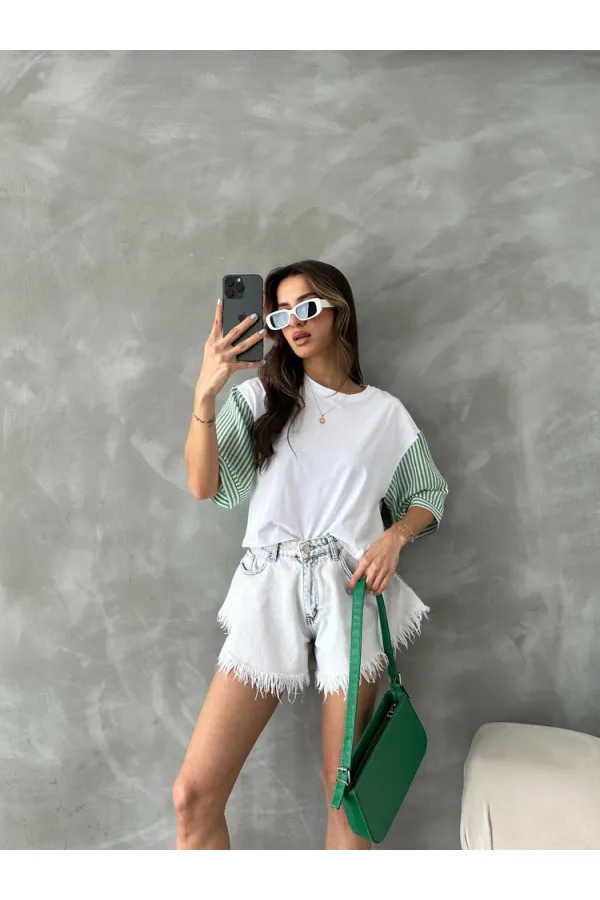 T-shirt à manches en popeline rayée émeraude Topshow en gros