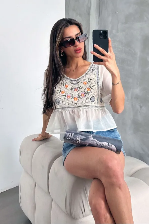 Topshow Stone Gray Embroidered Wholesale Blouse