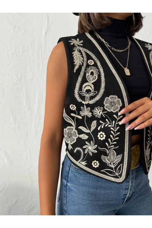 Topshow - Wholesale Embroidered Suede Vest - Western Style Elegance - Black