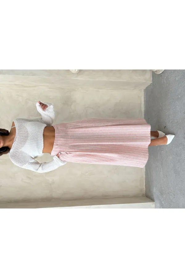 Çizgili Keten Etek - Koyu Pudra | Topshow | F1918