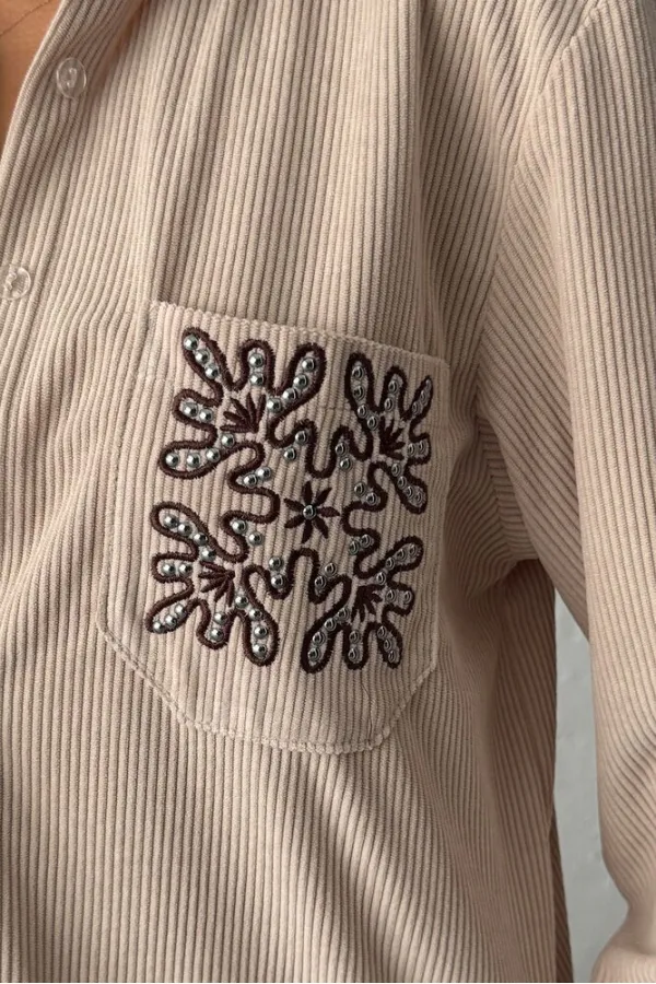 Topshow - Toptan Cebi Nakışlı Fitilli Kadife Gömlek - Taş