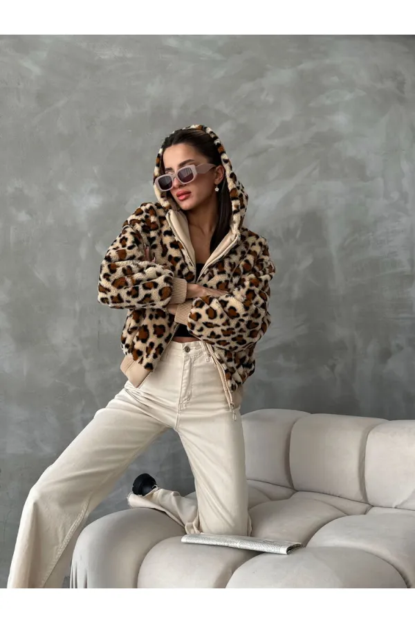 Leopar Bakılı Peluj Toptan Mont - Koyu Taş Leopar | TOPSHOW | F1650