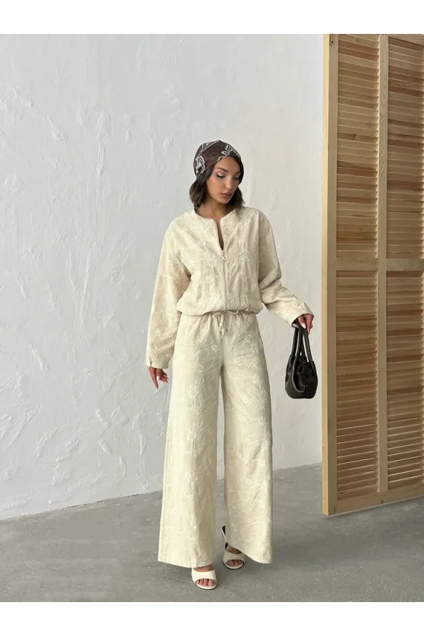 Çiçek Nakışlı Fermuarlı Ceket - Taş | Topshow | F1948