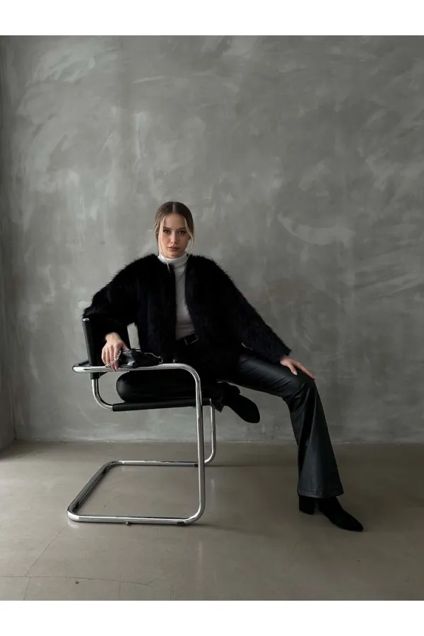 Topshow Siyah Suni Kürk Toptan Ceket | F1615