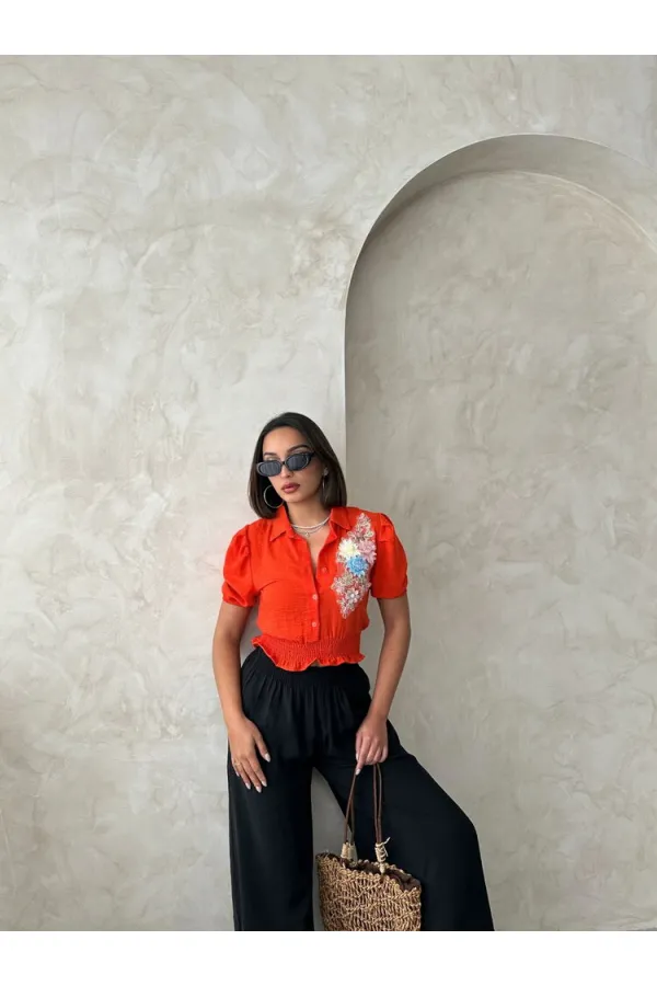 Topshow Orange Floral Chest Linen Wholesale Shirt