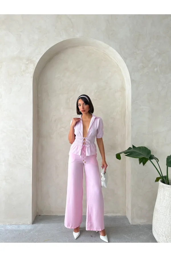 Önden Bağlamalı Çizgili Gömlek - Pembe Topshow