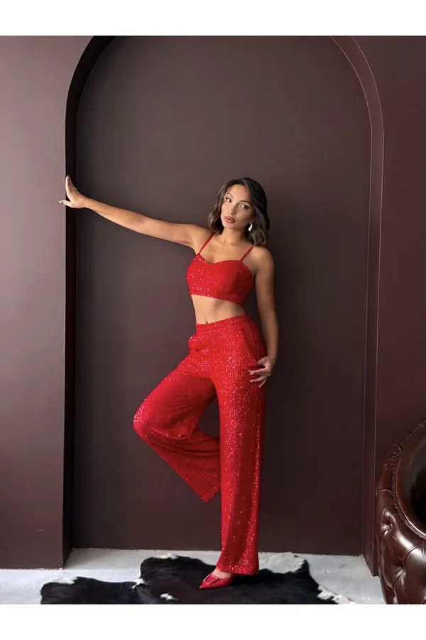 Topshow - Wholesale Sequined Wide Leg Women's Trousers - Elegant Night Outfit - Red