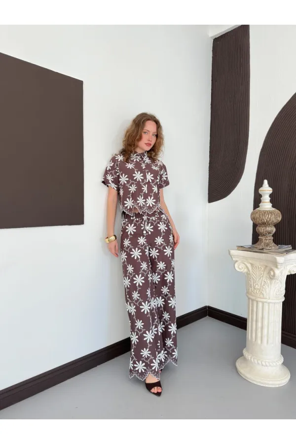 D 2913 EMBROIDERED TROUSERS - BROWN D 2913 EMBROIDERED TROUSERS - BROWN