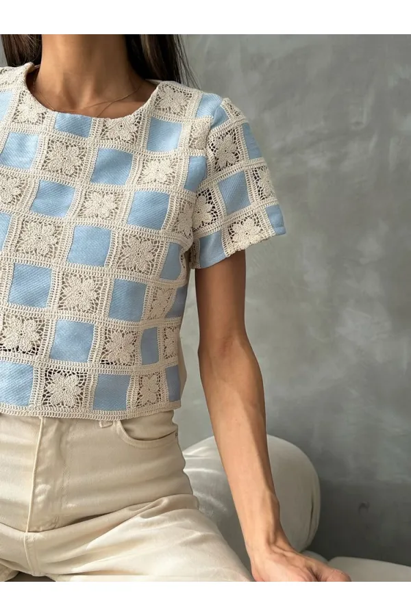 Topshow Raw Blue Short Sleeve Checkerboard Pattern Crochet Wholesale Blouse