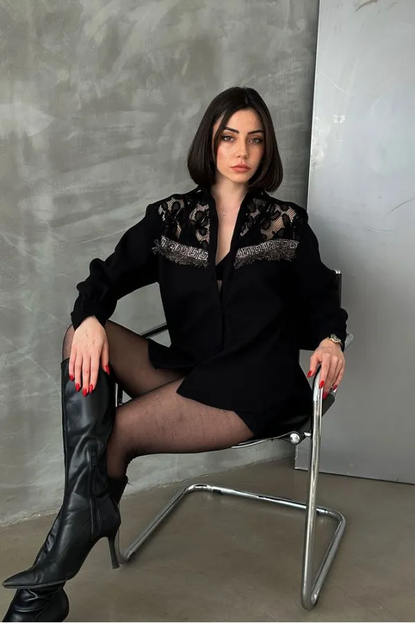 Detailed Wholesale Shirt - Black | TOPSHOW | F1578