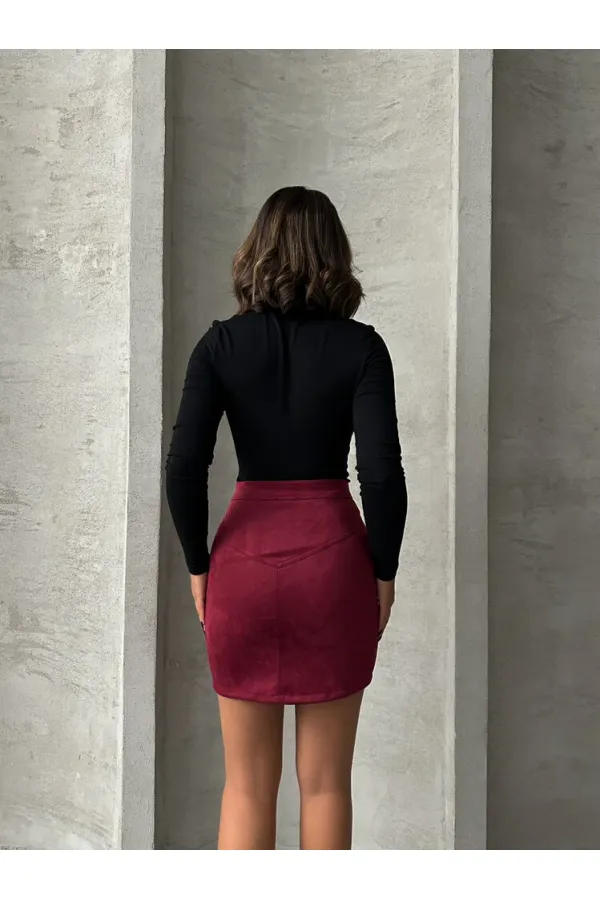 Süet Fermuarlı Toptan Etek - Bordo | TOPSHOW | F0121
