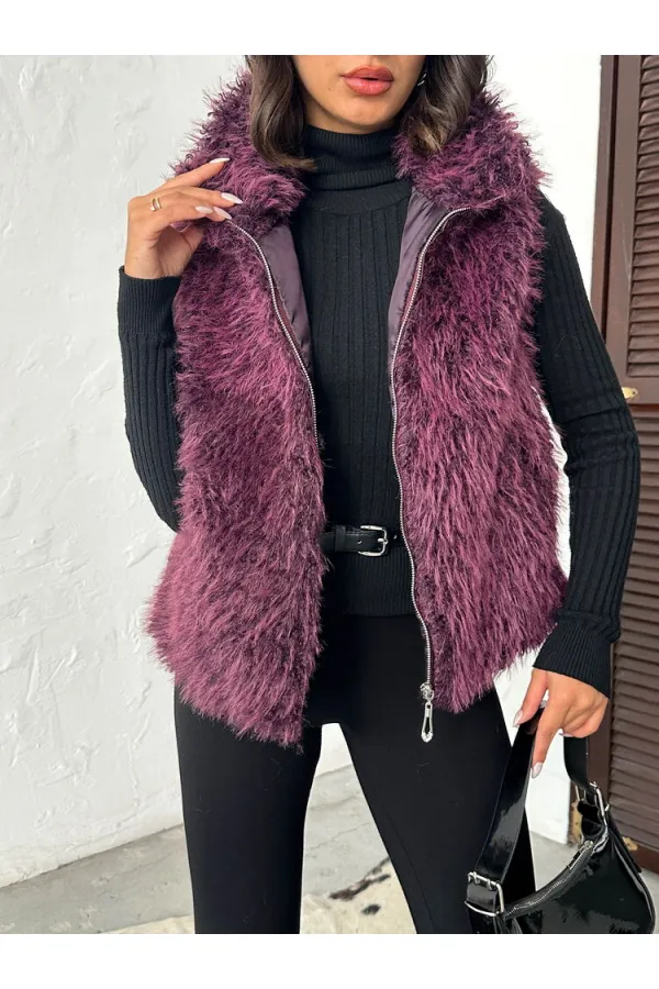 Gilet en fausse fourrure pour femme Topshow (vente en gros) – Fermeture éclair, texture douce – Prune | F2046