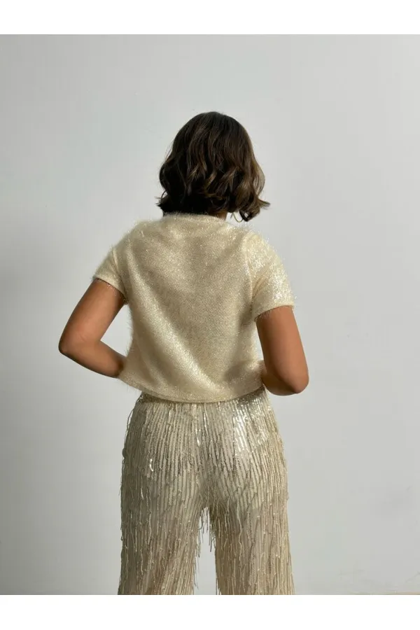 Simli Saçaklı Toptan Bluz - Krem | TOPSHOW | F1832