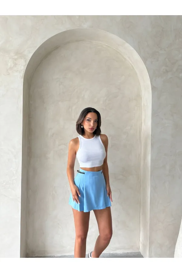 Kemer Detaylı Şort Toptan Etek - Mavi | Topshow