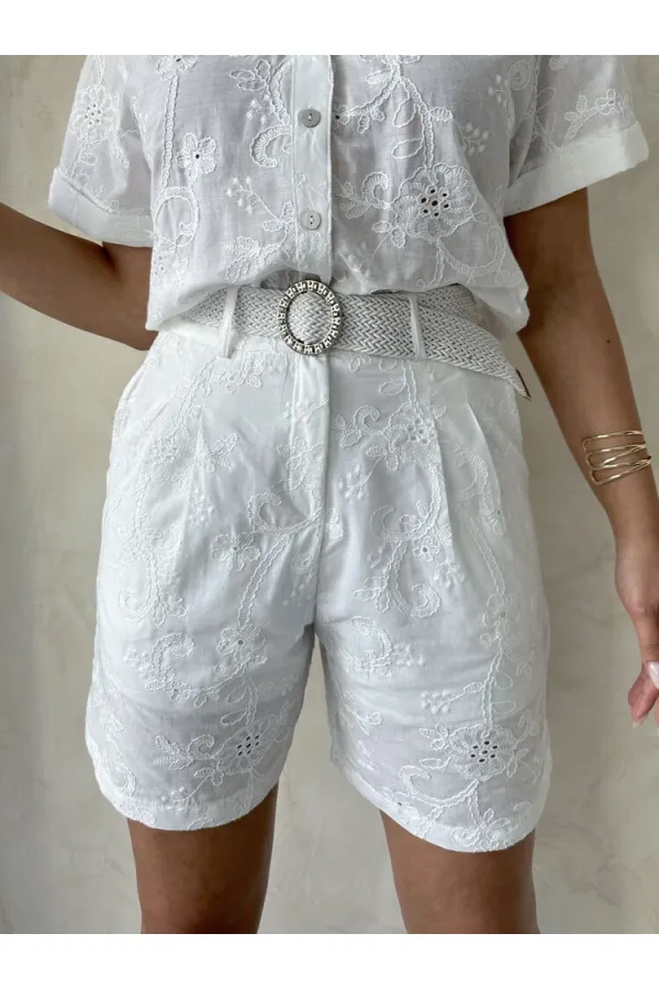 Nakışlı Vual Şort - Krem Topshow