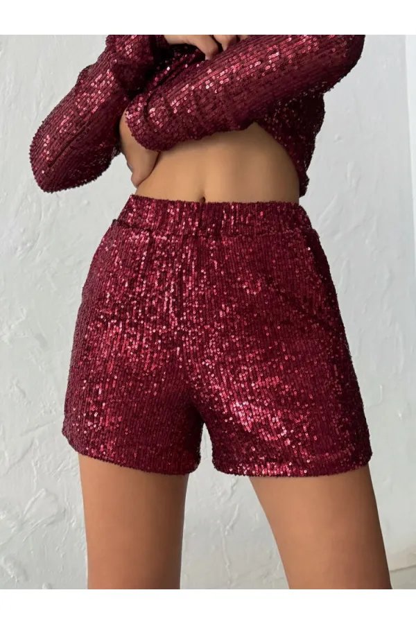 Topshow Sparkly Sequined Shorts - Claret Red