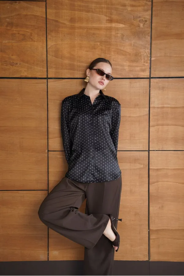 Polka Dot Satin Shirt - Black | F2076 - Topshow
