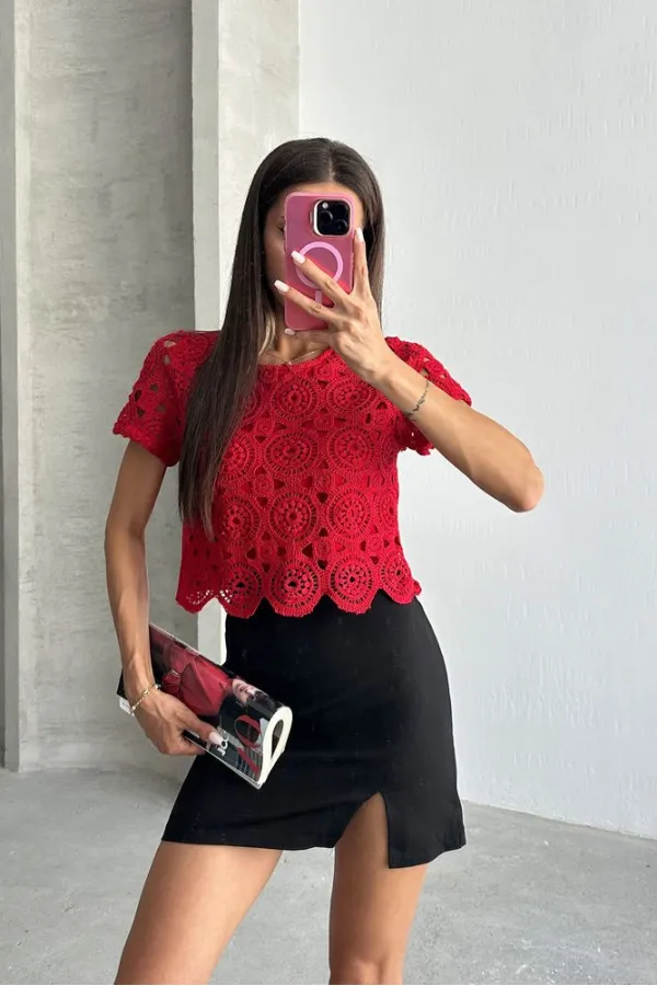 Topshow Kırmızı Güpür Abiye Toptan Bluz