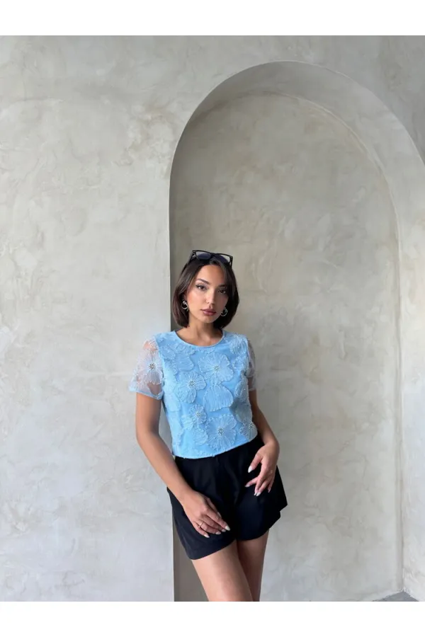 Boncuk İşlemeli Toptan Bluz - Mavi | Topshow