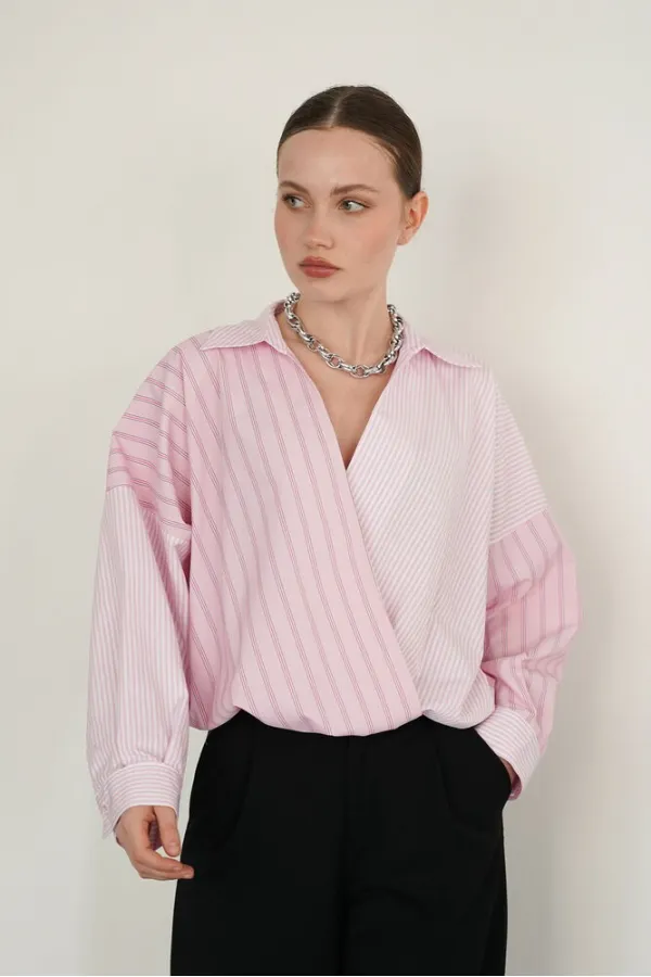 Chemises en gros avec broderies croisées de l'encolure à l'ourlet - Rose | F2094 - Topshow