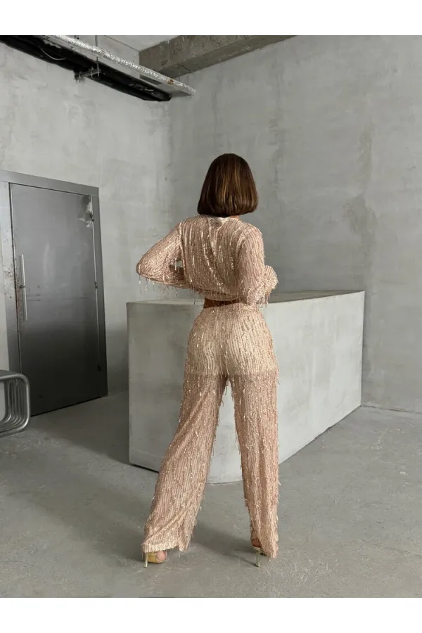 Pullu Tül Toptan Pantolon - Taş Gold | TOPSHOW | F1611