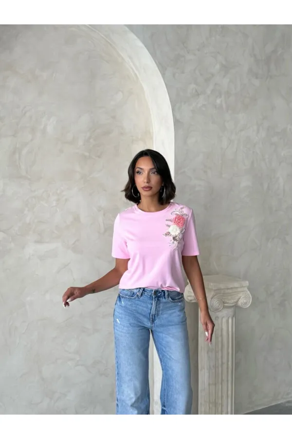 Çiçek Detaylı Tişört - Pembe | Topshow