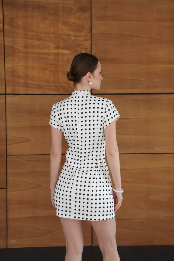 Puantiyeli Saten Toptan Elbise - Krem | D2978 - Topshow